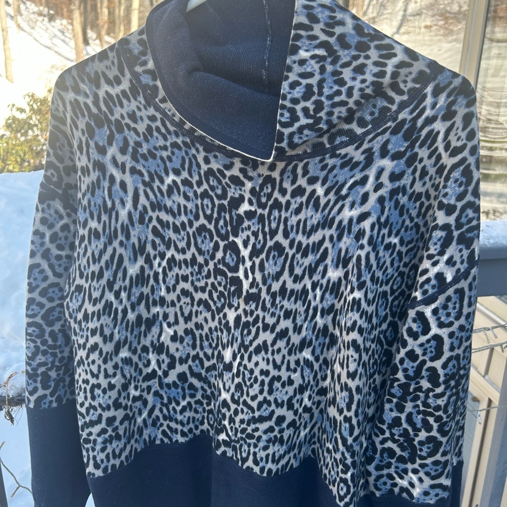 Ost Blue and White Leopard Cowl Neck Sweater